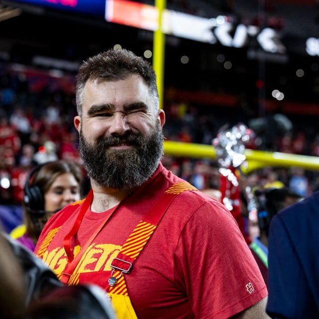 LAS VEGAS, NEVADA - FEBRUARY 11: Jason Kelce winks after the Kansas City Chiefs won Super Bowl LVIII against the San Francisco 49ers at Allegiant Stadium on Sunday, February 11, 2024 in Las Vegas, Nevada.